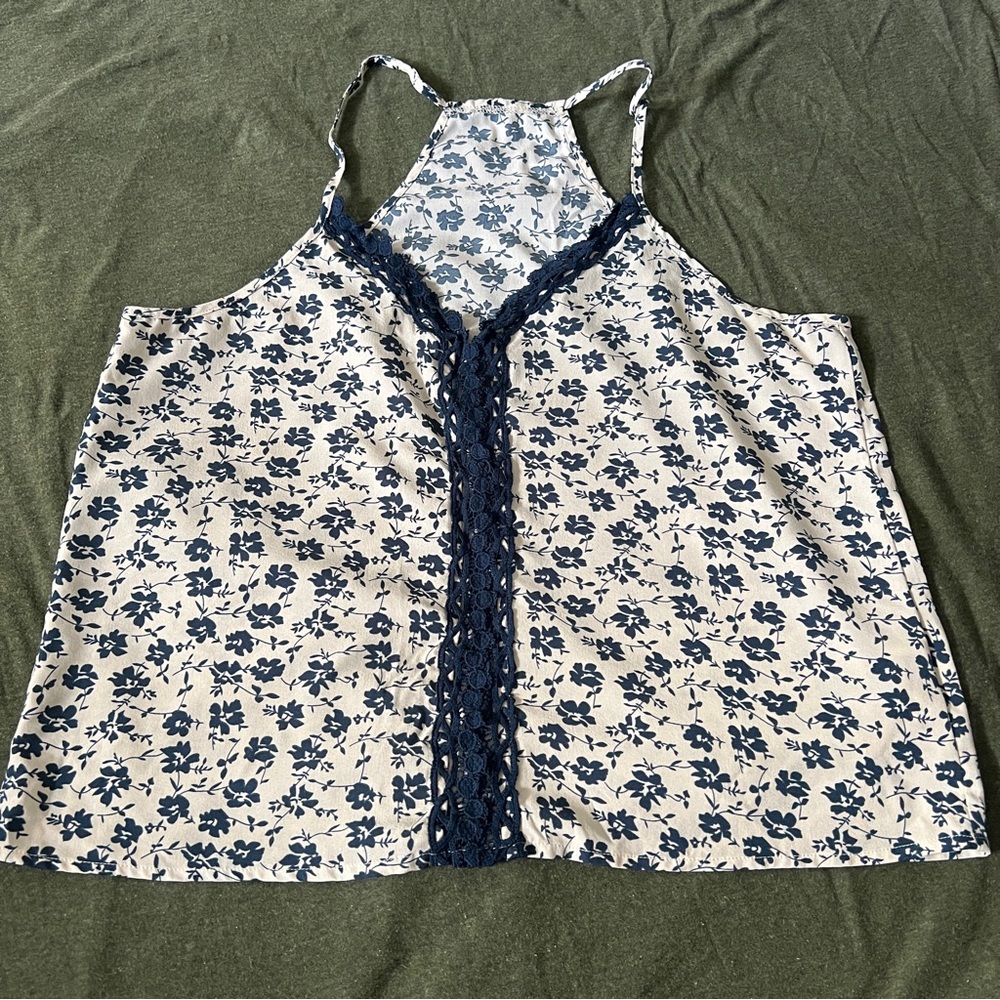 SHEIN Navy Floral Lace Trim Blouse
